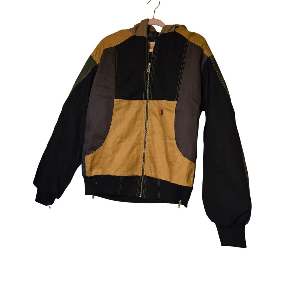 Carhartt Hooded Patchwork Reworked Jacket L Multicolor Men Zip Front Ribbed Cuff - Picture 2 of 7